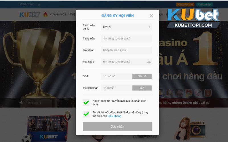 Form đăng ký tài khoản Kubet